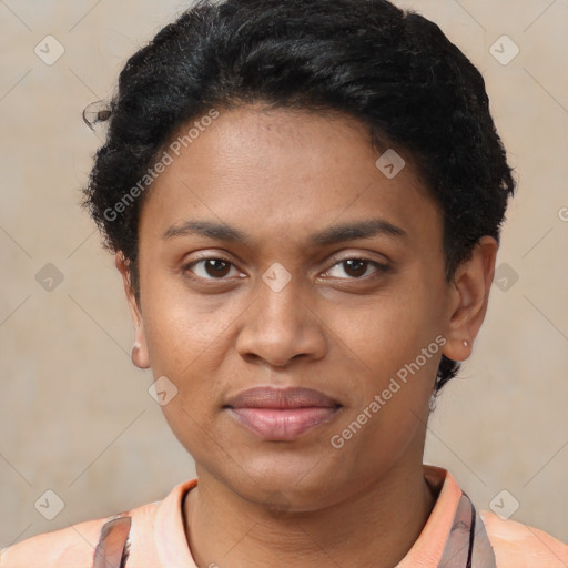 Joyful latino young-adult female with short  brown hair and brown eyes