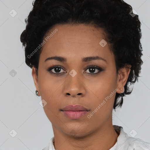 Neutral latino young-adult female with short  black hair and brown eyes