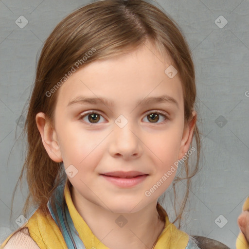 Joyful white child female with medium  brown hair and brown eyes