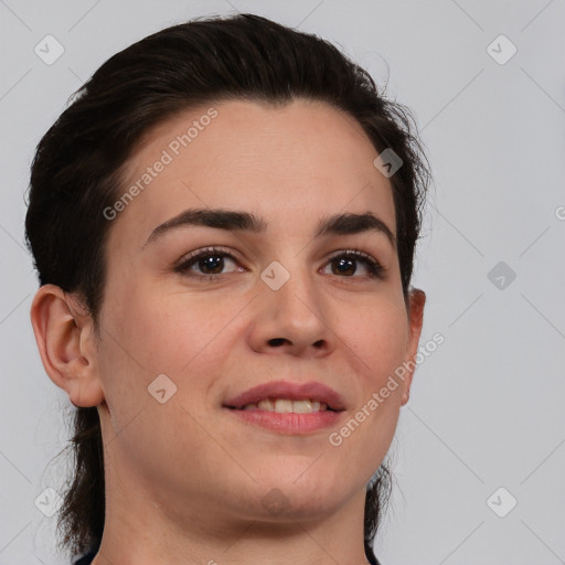 Joyful white young-adult female with medium  brown hair and brown eyes