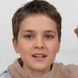 Joyful white child female with short  brown hair and brown eyes