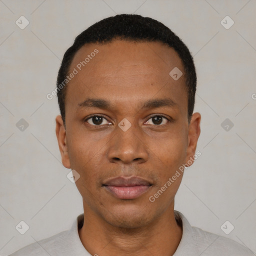 Neutral black young-adult male with short  black hair and brown eyes