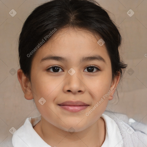 Joyful white child female with medium  brown hair and brown eyes