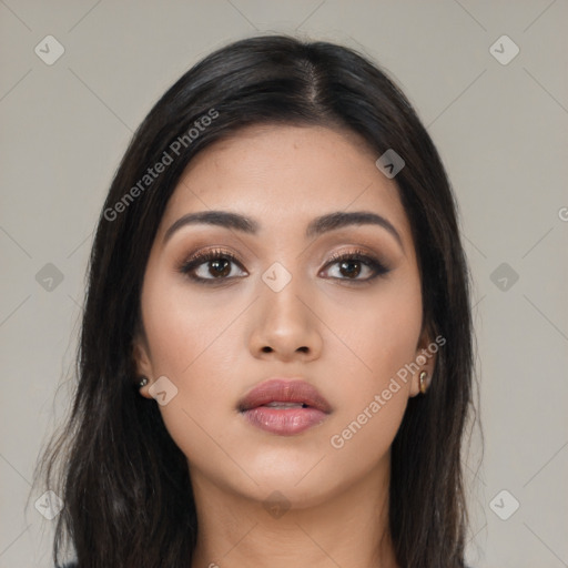 Neutral asian young-adult female with long  black hair and brown eyes