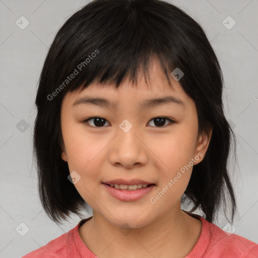 Joyful asian child female with medium  brown hair and brown eyes