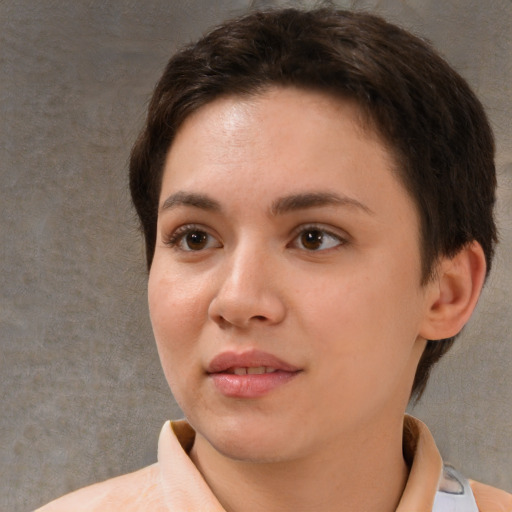 Neutral white young-adult female with short  brown hair and brown eyes