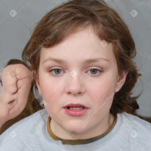 Neutral white child female with medium  brown hair and blue eyes