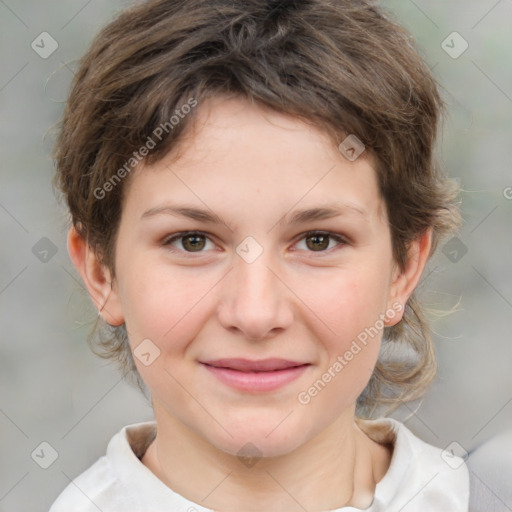 Joyful white child female with medium  brown hair and brown eyes