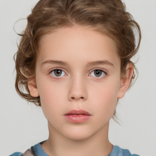 Neutral white child female with medium  brown hair and grey eyes