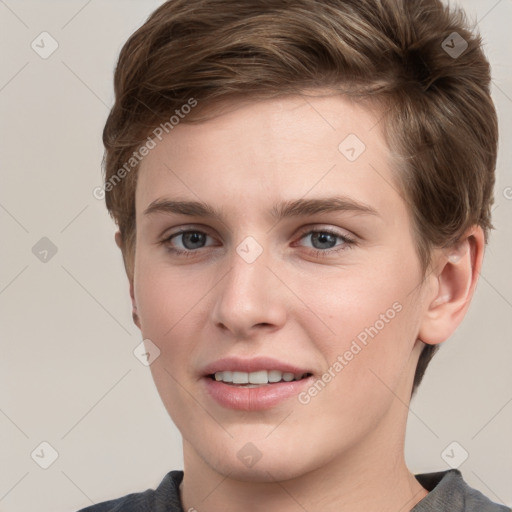 Joyful white young-adult female with short  brown hair and grey eyes