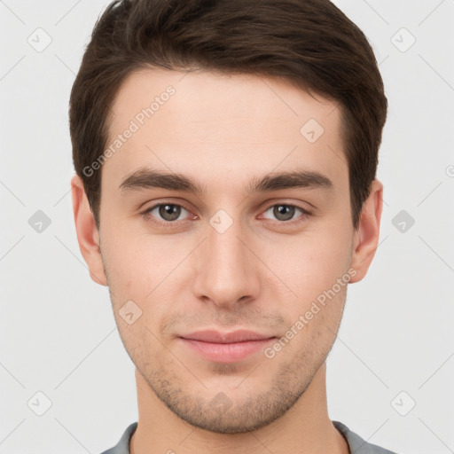 Neutral white young-adult male with short  brown hair and brown eyes