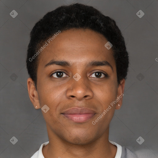 Joyful black young-adult male with short  brown hair and brown eyes