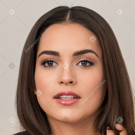 Neutral white young-adult female with long  brown hair and brown eyes