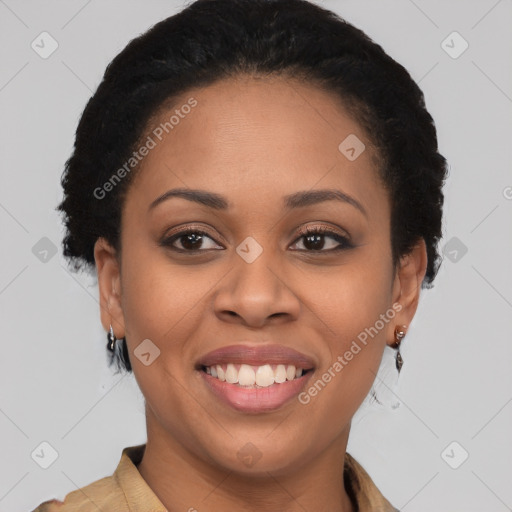 Joyful latino young-adult female with short  brown hair and brown eyes