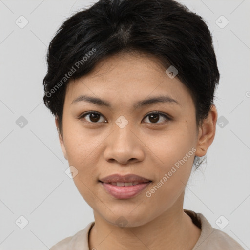 Joyful asian young-adult female with short  brown hair and brown eyes