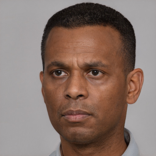 Neutral black adult male with short  black hair and brown eyes