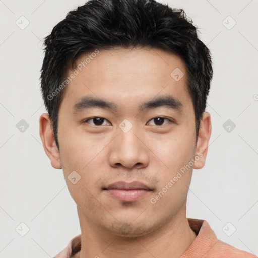 Neutral asian young-adult male with short  black hair and brown eyes