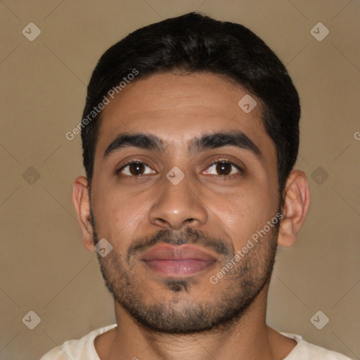 Joyful latino young-adult male with short  black hair and brown eyes