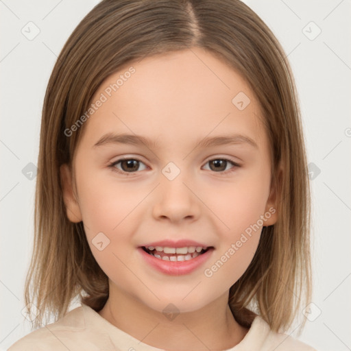 Joyful white child female with medium  brown hair and brown eyes