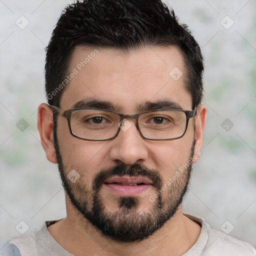 Neutral white young-adult male with short  black hair and brown eyes