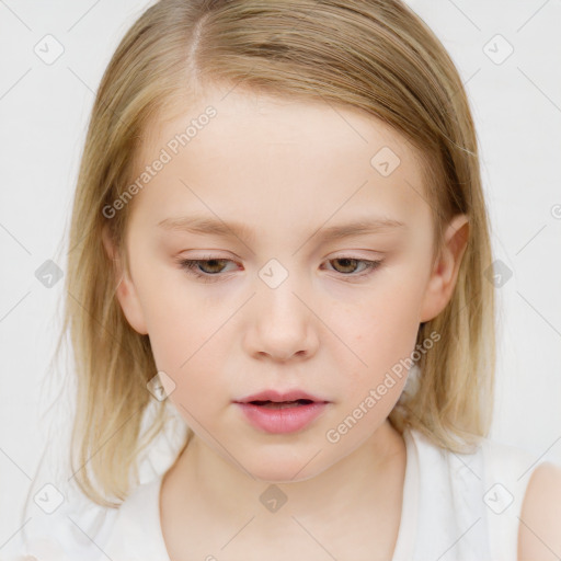 Neutral white child female with medium  brown hair and blue eyes