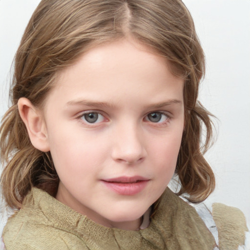 Neutral white child female with medium  brown hair and blue eyes