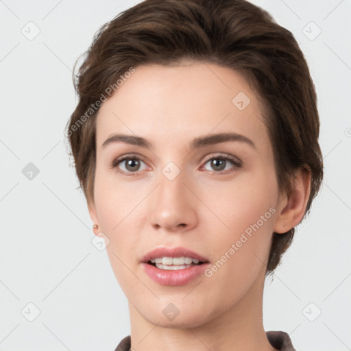 Neutral white young-adult female with short  brown hair and brown eyes