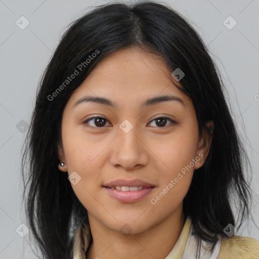 Joyful asian young-adult female with medium  brown hair and brown eyes