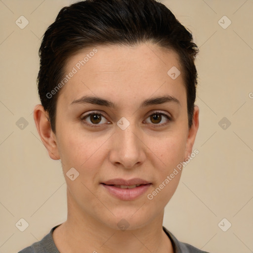 Joyful white young-adult female with short  brown hair and brown eyes