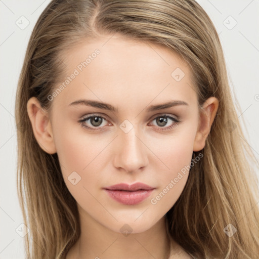 Neutral white young-adult female with long  brown hair and brown eyes