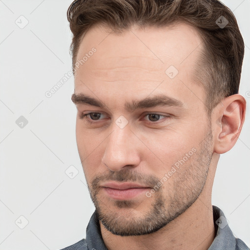 Neutral white young-adult male with short  brown hair and brown eyes