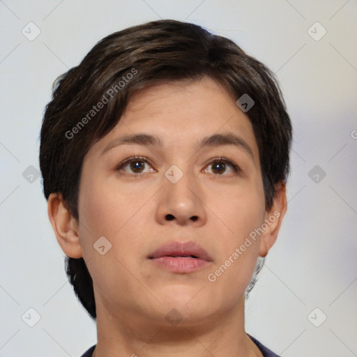 Neutral white young-adult female with short  brown hair and brown eyes