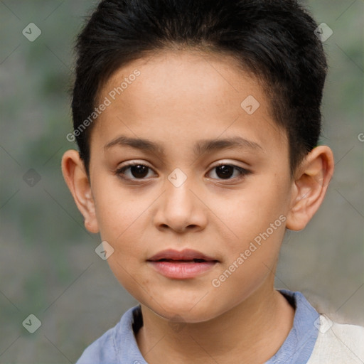 Joyful white child female with short  brown hair and brown eyes