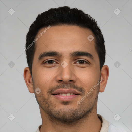 Neutral latino young-adult male with short  black hair and brown eyes