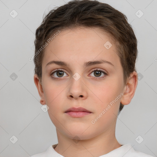 Neutral white young-adult female with short  brown hair and brown eyes