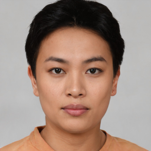 Neutral asian young-adult female with short  black hair and brown eyes