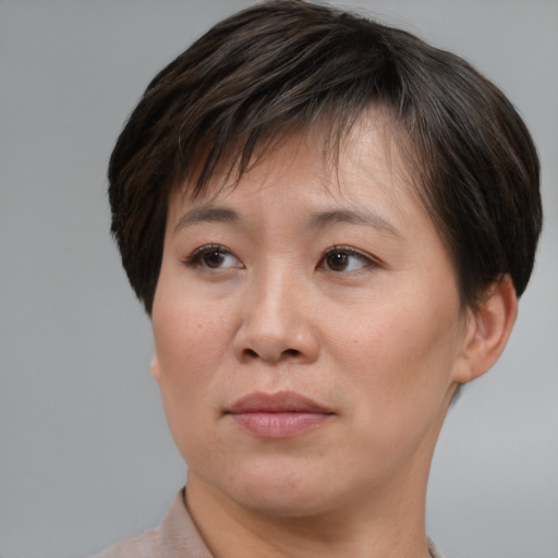 Joyful asian adult female with short  brown hair and brown eyes