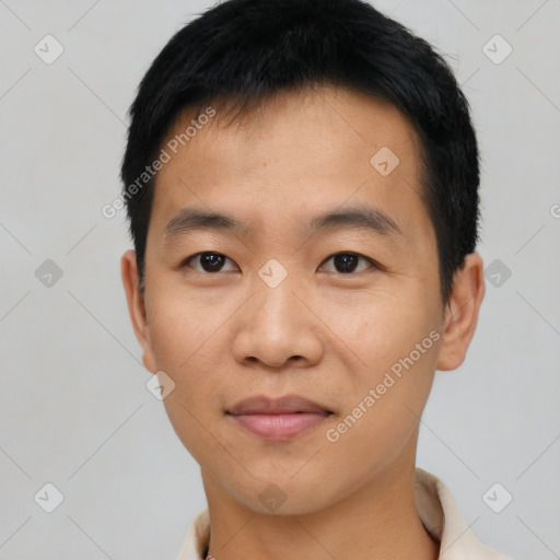 Neutral asian young-adult male with short  black hair and brown eyes