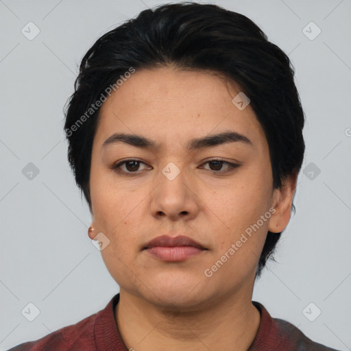 Neutral asian young-adult female with short  black hair and brown eyes