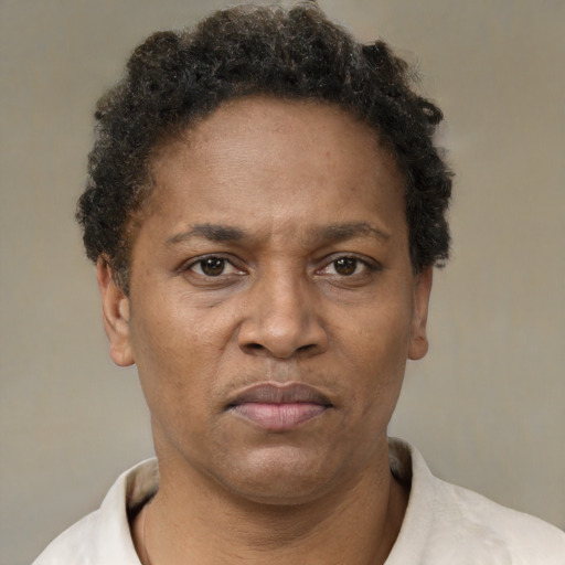 Neutral latino adult female with short  brown hair and brown eyes