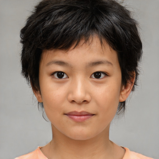 Joyful asian child female with medium  brown hair and brown eyes