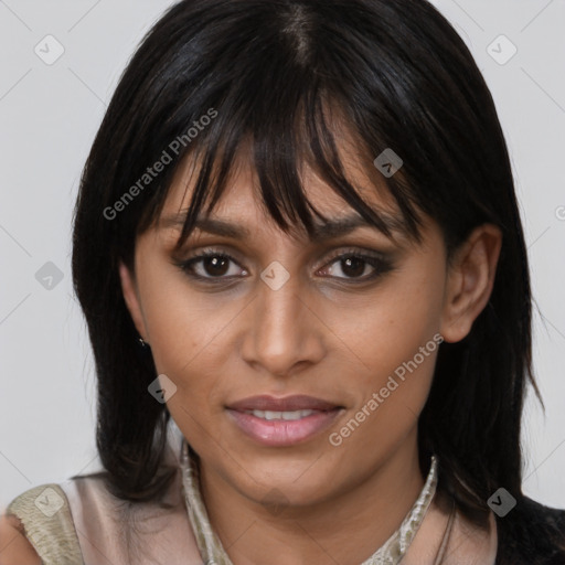 Joyful latino young-adult female with medium  brown hair and brown eyes