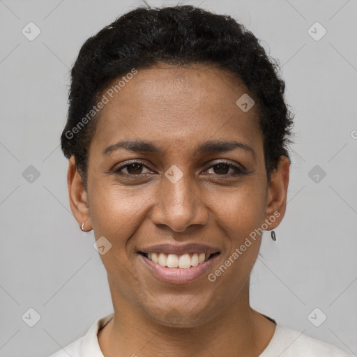 Joyful latino young-adult female with short  brown hair and brown eyes