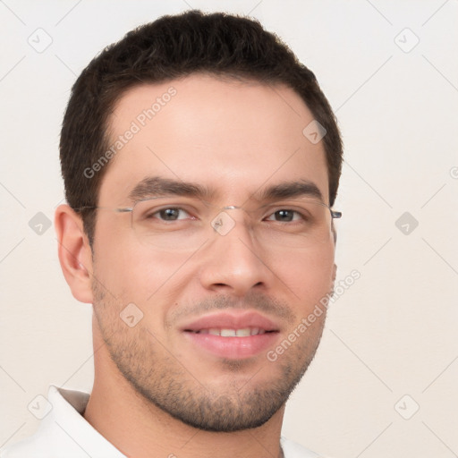 Joyful white young-adult male with short  brown hair and brown eyes