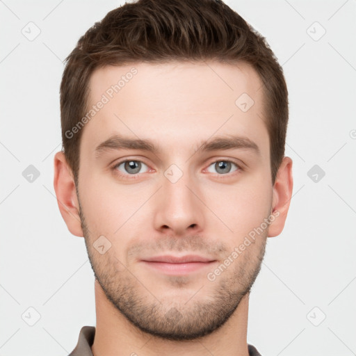 Neutral white young-adult male with short  brown hair and grey eyes