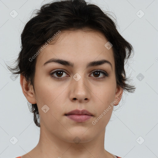 Neutral white young-adult female with medium  brown hair and brown eyes