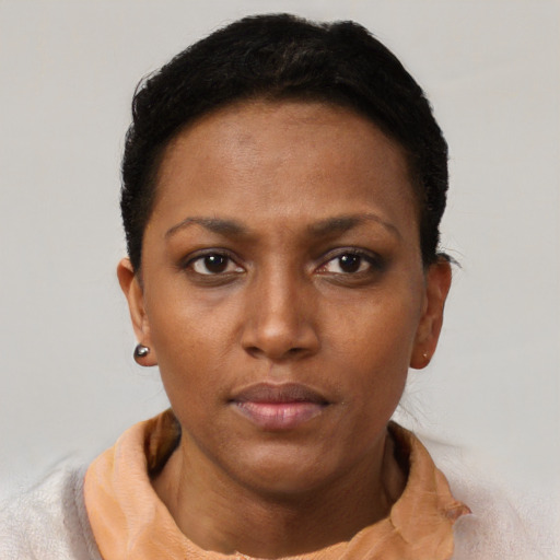 Neutral black young-adult female with short  brown hair and brown eyes