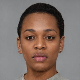 Neutral black young-adult female with short  black hair and brown eyes