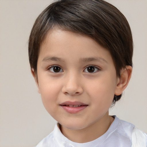 Joyful white child female with short  brown hair and brown eyes