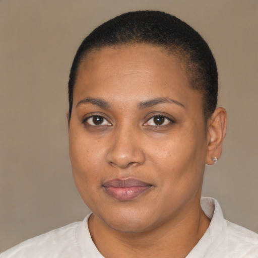 Joyful black young-adult female with short  black hair and brown eyes
